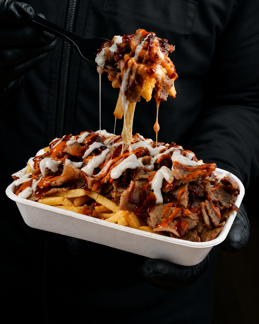 Abu beef snack pack loaded with kebab meat, cheese, garlic sauce and chilli sauce